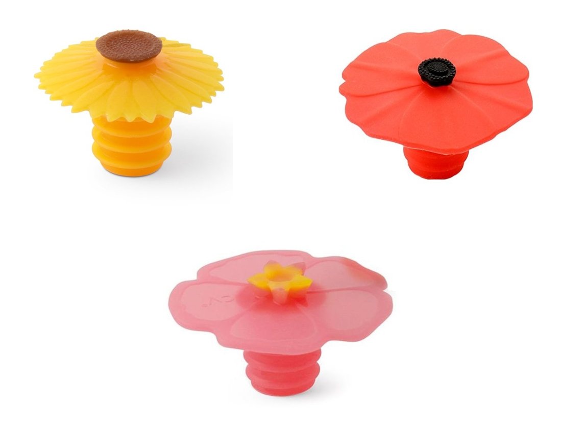 Charles ViancinBottle Stopper - Sunflower, Poppy and Pink Hibiscus, Set of 3