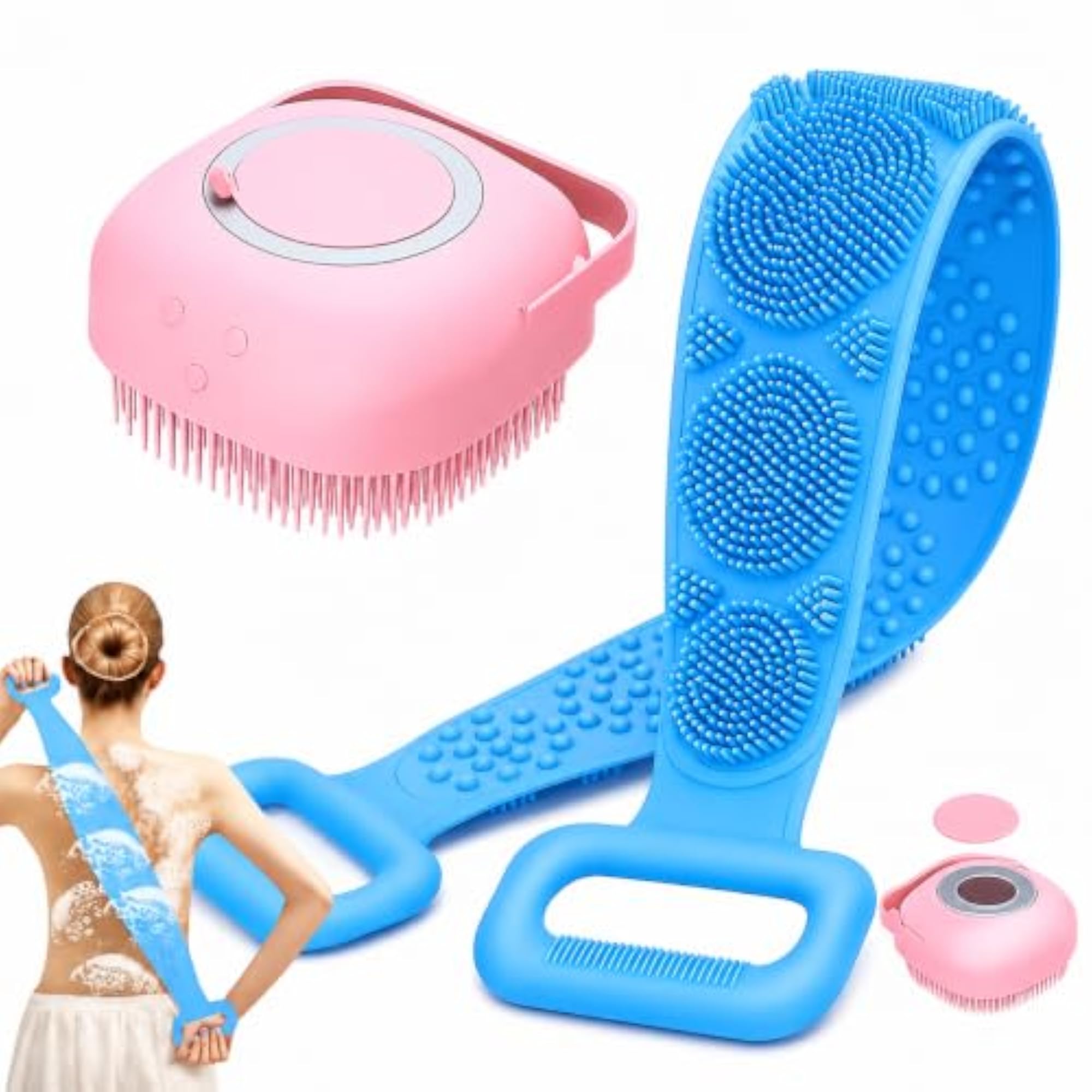 2 Pcs Silicone Bath Combo with Back Scrubber & Soap Dispenser Brush