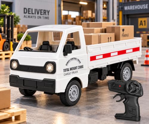 Image of Remote Control Kei Truck Toy Car with LED Lights & Cargo Boxes - 1:16 Scale 2.4 GHz RC Pickup Transport Vehicle for Indoor Outdoor Play | Rechargeable RC Truck for Kids, Teens & Adults