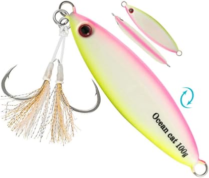OCEAN CAT Slow Pitch Jigging Fishing Lures, Glow Jigs Kit for Saltwater Fishing with Assist Slow Pitch Jig Hook Flat Fall Jig Bait 60G/100G/150G/200G/250G