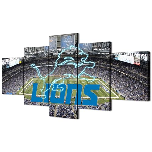 (60X100CM/5PCS) Framed Canvas Print Original Poster - Detroit Ford Field With The Lions Neon Sign - American football Wall Art for Home and Office Decor