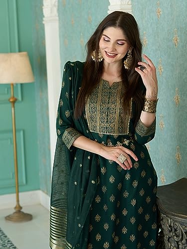 Image of GoSriKi Women's Cotton Blend Printed Straight Kurta with Pant & Dupatta