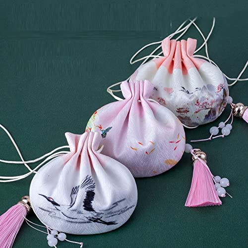 Bolsas de saco chinas 3 pzas brocado con cordón rosa miniatura 2