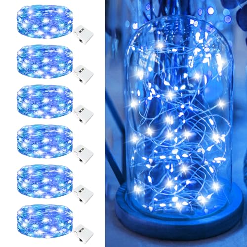 Image of 6 Pack Fairy Lights Battery Operated - 7ft 20 Led Twinkle Lights 3 Modes, Bulk Mini String Lights Waterproof for Mason Jars Vases DIY Party Wedding Decoration Christmas -Blue and White