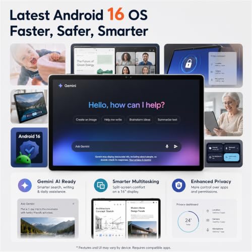 Image of 16 Inch Android 16 Tablet, Widevine L1, 1920x1200 IPS Display, Sheet Music | 12GB Memory 128GB Storage, Helio G99 Octa-Core, 30W Fast Charging, 12000mAh Battery, 32MP Rear Camera, Quad Speakers, FHD IPS