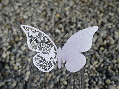 Lot de 50 marque-places en forme de papillons, marque-places, pour bonbonnière, mariage, papier perlé, argenté, gris 20 %