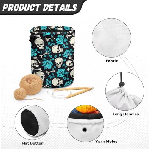Image of Sellikakes Skull Rose Small Yarn Storage Bag with Drawstring, Mini Knitting Yarn Holder Stores Skein Ball, Crochet Project Knitting Supplies