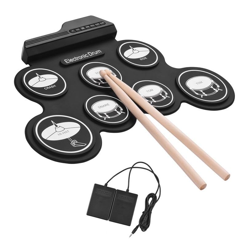 Suptikes Portable Silicon Electronic Drum Kit, Roll Up Digital Drum Pad Set with Drumsticks, Foot Pedals, USB Connection, Headphone Jack, 7 Drum Pads, Compact Practice Percussion Instrument - Black-image-32