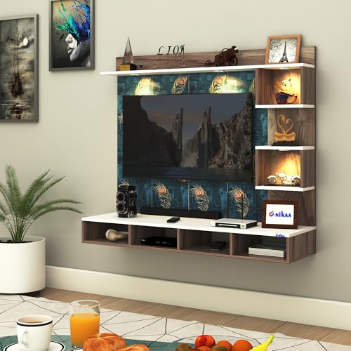 Image of Anikaa Kirina Engineered Wood Wall-Mount TV Unit with Printed PVC Back Panel & LED Lights | TV Cabinet with Storage Box & Decorative Shelves (Coachwood /White) for TVs up to 40 Inch | DIY Installation