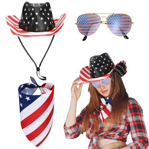 Image of 3 Pcs American Flag Cowboy Hat with Bandana and Glasses Cowboy Hat with Strap Halloween Cosplay Costumes for Masquerade