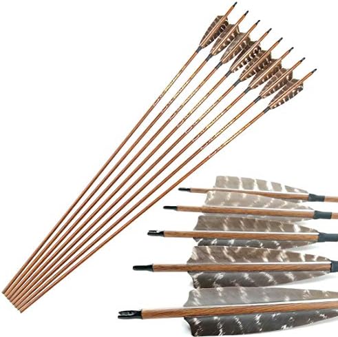 Pinals Traditional Archery Hunting Arrows 400 500 600 Spine Turkey Feather 32 Inch Carbon Shafts for Recurve Longbow Compound Bows Targets 12PCS(500)