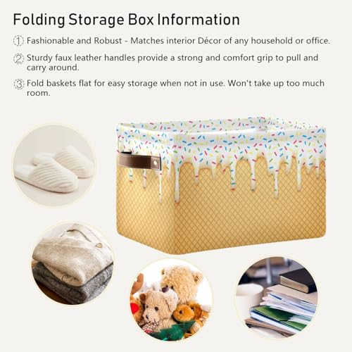 Sletend Foldable Canvas Storage Basket with Handles Ice Cream Durable Storage Bin Organizer for Nursery Kids Shelves Desks Printed Canvas Storage Basket - Image 6