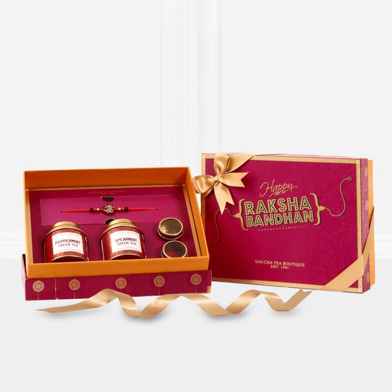 Image of Sancha Tea Boutique, Rakhi Gift Hamper, Premium Rakhi Gift Box, Peppermint Tea, Spearmint Tea & Handmade Kundan Rakhi, Rakhi Gift or Brother & Rakhi Gift for Sister