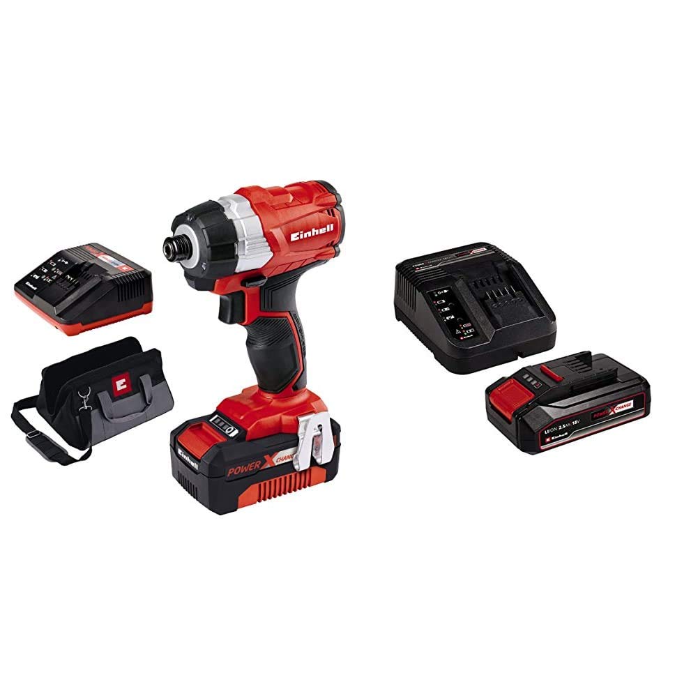 EinhellTE-CI 18 Bl Kit 4.0 Power X-Change 18 V Cordless Brushless Impact Driver with 4.0Ah Battery and Carry Bag, Red with Original Einhell 18V 2.5Ah Starter Kit Power X-Change