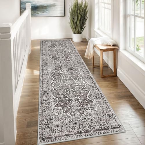 KUTA Vintage Washable Runner Rug, 2.6x8 Runners for Hallways Non-Slip Tan Grey Kitchen Rugs Ultra Soft Printed Tribal Floor Carpet for Bedroom Living Room Nursery Playroom