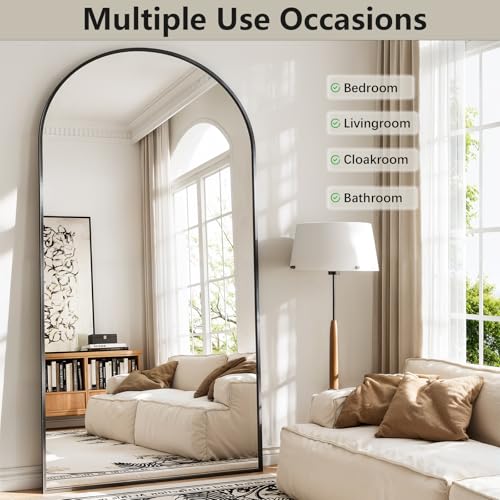 Image of Oversized Full Length Mirror, 38 inchx77 inch Large Arched Floor Mirror Full Length with Stand, Room Decor Big Full Body Mirror with HD Tempered Glass Aluminum Frame for Bedroom Living Room, Black