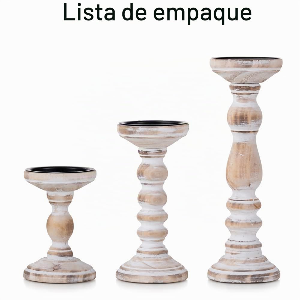 Rustico Portavelas de Columna de Madera, Blanco Decapado | 15/21/30cm, Para Velas de 8cm, Estilo Granja Candelabro Alto para Navidad, Centro de Mesa, Salón, Chimenea, Estantería