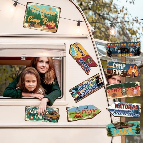 Image of Hooqict 20 Pieces Camping Party Decorations Camping Themed Party Directional Signs for Summer Camp Day Classroom Welcome to Camp Birthday Decor Picnic Yard Sign