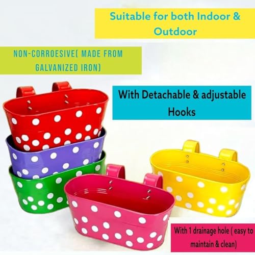 Image of 12 INCH Anti Rust Railing Oval Planter for Balcony & Garden with Detachable Handle | Hanging Flowerpot Holder | Metal Wall Planter for Indoor and Outdoor Decor (Multicolour Polka Dot, 5)
