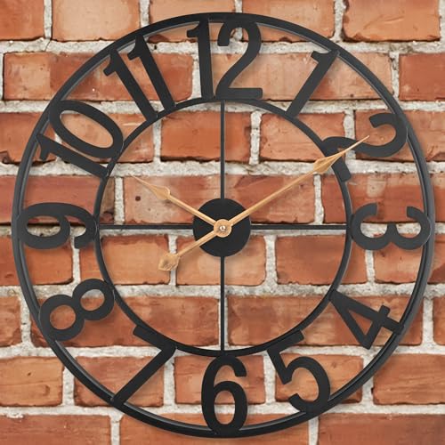 Outdoor Clock for Patio Silent Non-Ticking Battery Operated Black Metal Outdoor Wall Clock with Large Arabic Numerals Vintage Farmhouse Decorative Clock Pool Garden Porch Living Room 14 Inch