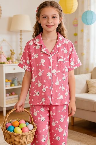 Image of Hupohoi Big Girls Button Down Pajama Set 3pcs Short Sleeve Long Pants with Shorts Crepe Wrinkled Fabric Sleepwear Nighty