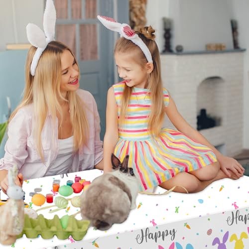 Image of CMUSKO Happy Easter Tablecloth Decoration, 3pc Colorful Bunny Tablecloth Rectangle Eggs Table Cover for Spring Holiday Decorations Supplies