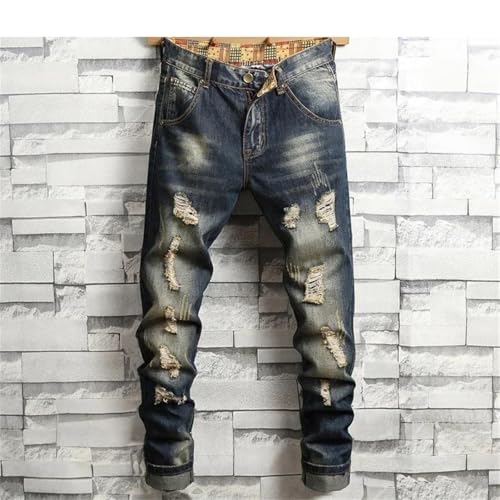 Men High Street Stretch Straight Denim Trousers Male Distressed Ripped Slim Fit Jeans4