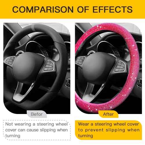 Image of Car Steering Wheel Cover with Sparkly Rhinestones, Bling,Suitable for Most 14.5 inch-15 inch Pickup Trucks, SUV (Pink)