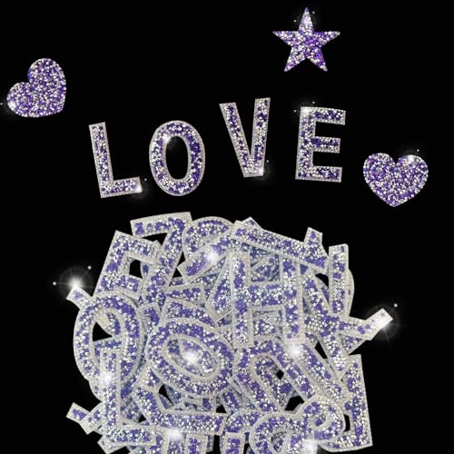 47 Pieces Rhinestone Letter Stickers Large,26 Self Adhesive Alphabet Stickers,10 Number Crystal Glitter Stickers,Heart Stickers for Clothing Jeans Caps Shoes Bags DIY Decorations (Purple)