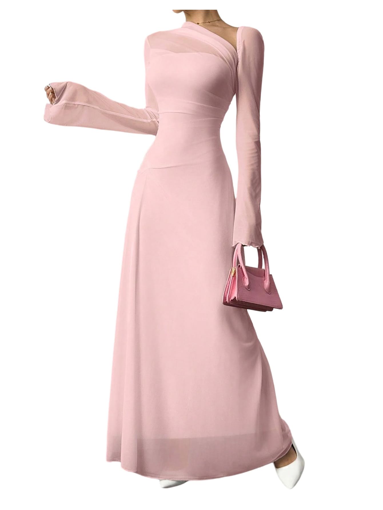 GORGLITTER Women's Asymmetrical Mesh Long Sleeve Dresses A Line Flared Maxi Elegant Cocktail Dress S Pink