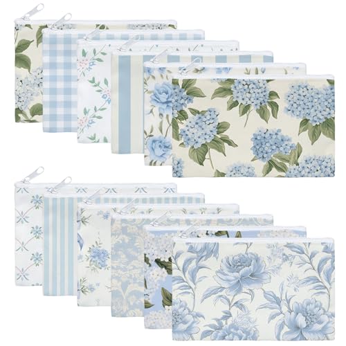 Kacctyen 12 Pcs Hydrangea Bow Makeup Bags Bulk for Women Blue Coquette Aesthetic Preppy Cosmetic Bags Bow Floral Canvas Toiletry Bag for Travel Makeup Zipper Pouches