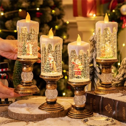 Image of YESU Christmas Candle Lantern, Battery Operated Glittering Snow Santa Claus Lantern for Home Decor and Gift Decoration