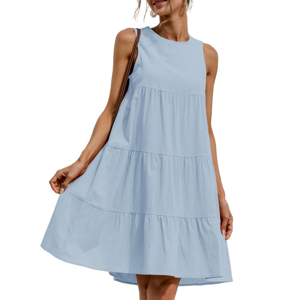 HSAJS Vestido Sin Mangas Mujer Mid Largo Vestidos de Fiesta Mujer Elegantes de Cuello Redondo Vestido Casual Holgado Vestido de Verano para Mujeres