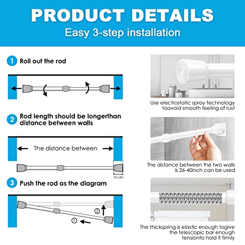 Image of MEXAU 1Pcs Spring Tension Curtain Rod 26-39 inch Spring Tension Rods White Tension Rods Adjustable Spring Rod Extendable Tension Rod For Kitchen, Window, Bookshelf,Closet. (Pack of 3)