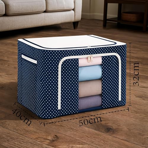 Image of CLAPONE Foldable Steel Frame Cloth Organizer Storage Box and Organiser /Wardrobe Organizer for Storage /almirah for Sarees /Shirts /Blankets /Clothes Storage Box (Blue, 66 Ltr - Pack of 4)