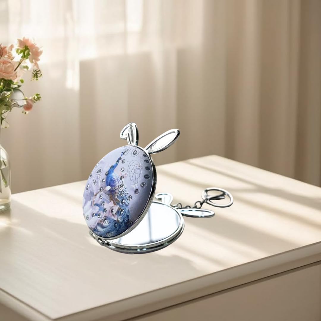 Rabbit Ear Compact Mirror with Peacock Design | Double-Sided Folding Pocket Makeup Mirror for Women & Girls-image-23