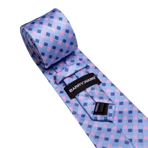 Image of Barry.Wang Plaid Ties Mens Silk Necktie and Tie Clip Checkered Tie for Wedding Party Business Formal