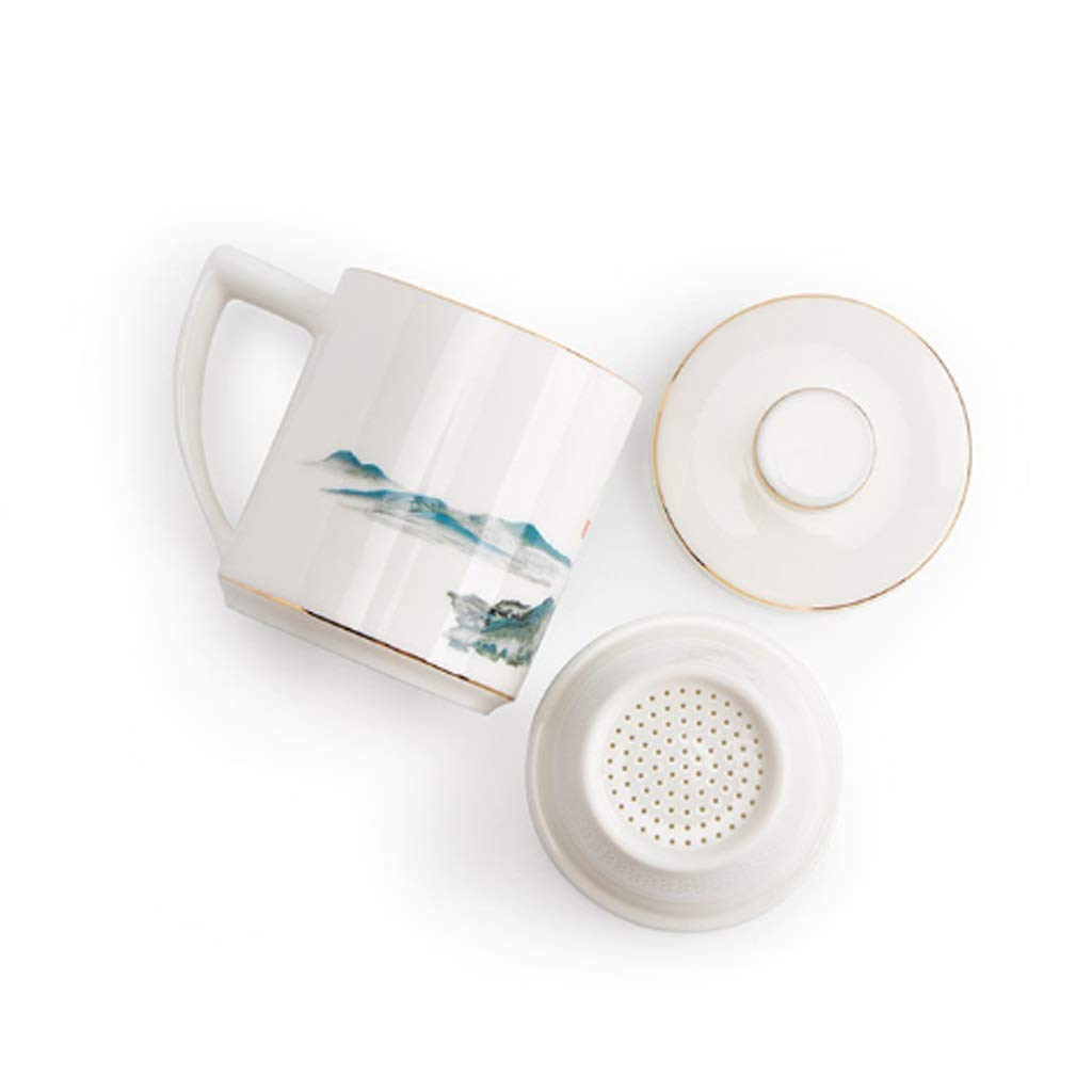 Kaffee-Becher Keramikbecher exquisit Überglasierte gebratene Blumenkapazität Becher mit Deckel Kaffeetasse Großkapazität Tragbare Teetasse 360ml (Color : White)
