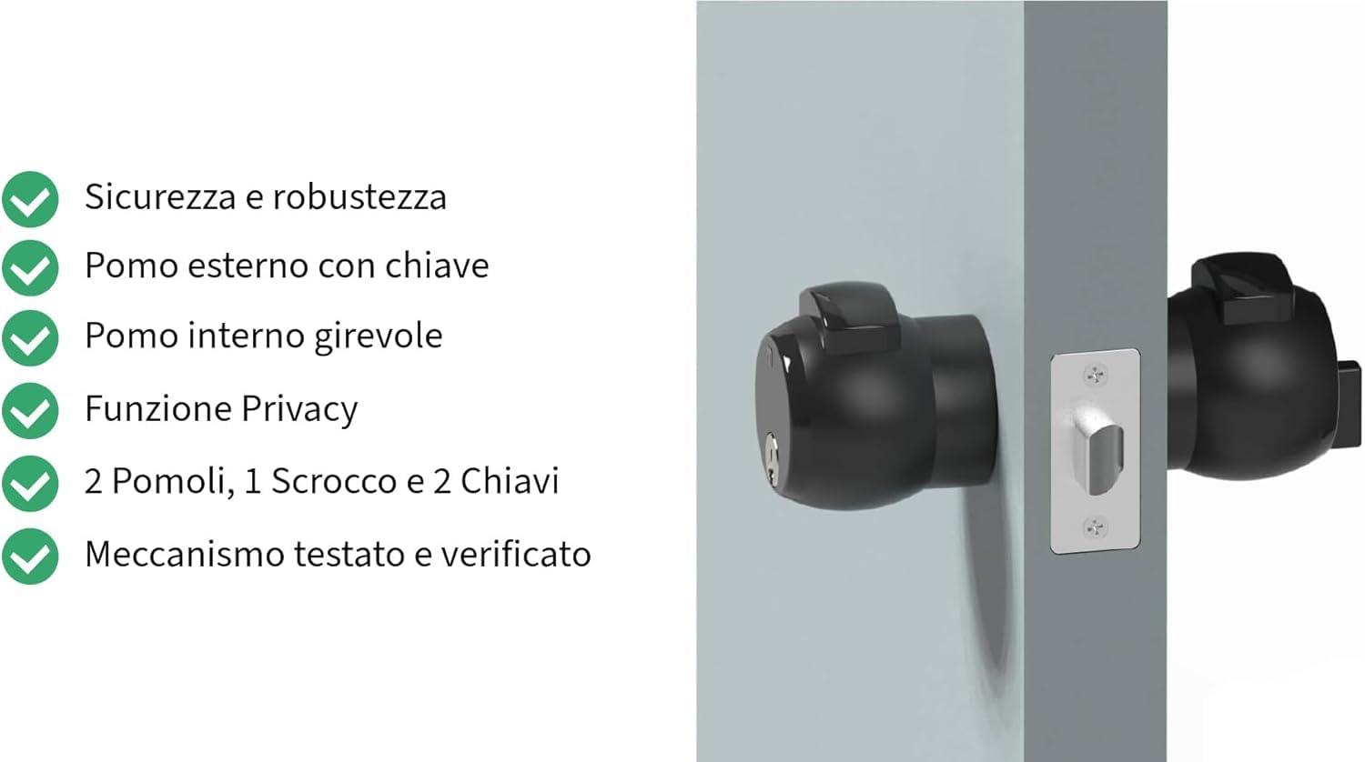 Serratura con Pomolo PremiApri e Chiave Tipo Meroni – Sicurezza per Porte in Legno, Metallo, Alluminio o Vetro (Nero)