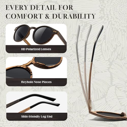 SUNGAIT Round Wood Sunglasses Womens Polarized Vintage Oak Wooden Shades w. Vegan PU Leather Case4