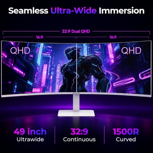 Image of Deco Gear 49 inch Curved Ultrawide 5K Gaming Monitor, 32:9, 120 Hz, 101% NTSC 100% sRGB, USB-C 65W, Adjustable, Home Office and Entertainment Workstation - Exclusive White Edition