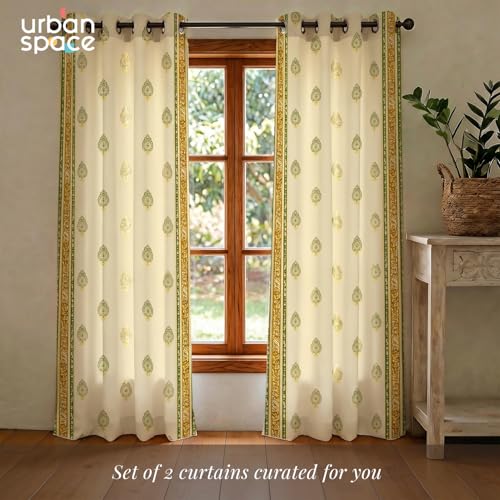 Image of Urban Space 100% Cotton Curtains with Gold Foil Print | Upto 60% Light Blocking Long Door Curtain 8 feet I Set of 2 Decorative Curtains with Eyelets, Tieback (Zari Buta Sage Green Gold - 8 feet)