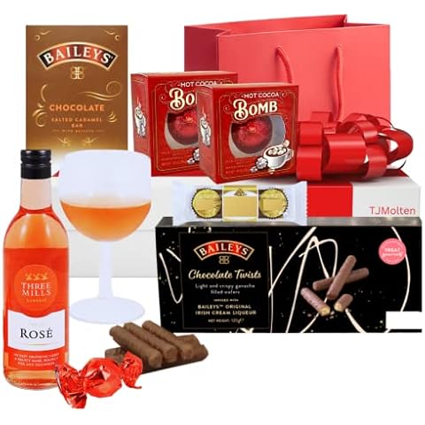 Rose Wine and Chocolate Gift Set - Birthday hampers for women, Alcohol gifts with truffles, wafer rolls, marshmallows chocolate bomb, chocolate pralines, presents for men, wine gifts for women Cover