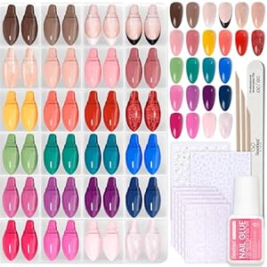 Beetles – Kit de uñas postizas a presión con diseño de arcoíris, 720 unidades, 24 colores, uñas cortas a presión de almendra, 15 tamaños, purpurina mate brillante con pegamento para uñas y pestañas