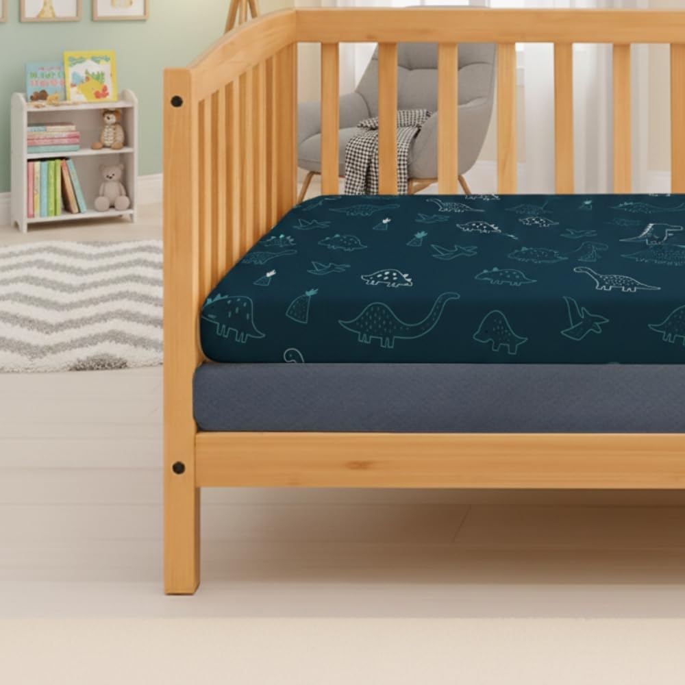 MHG Living Baby Cot Fitted Sheet Pack of 2 – 120x60cm – 100% Jersey Cotton – Soft, Breathable – 2 Colour Crib Mattress Covers with All-Round Elastic for Boys & Girls - Denim Blue/Dino