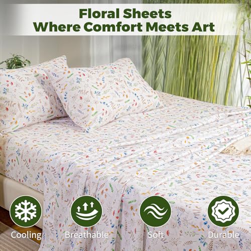 Image of Bedlifes Extra Deep Pocket 18-24 inch Queen 4-Piece Sheet Set - Cooling Sheets Blend Rayon Derived from Bamboo Soft & Breathable Floral Design