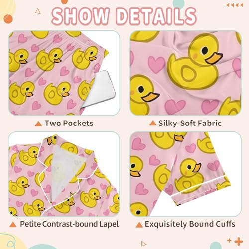 Cute Yellow Rubber Ducks Summer Satin Pajama Set, Cute Button-Down Sleepwear Pj Set for Sleep Wears 7
