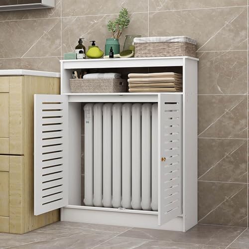 Cubierta para radiador de armario de doble puerta con rejilla blanca decorativa para sala de estar y baño, estante organizador versátil de pasillo (80 x 100 x 25 cm)