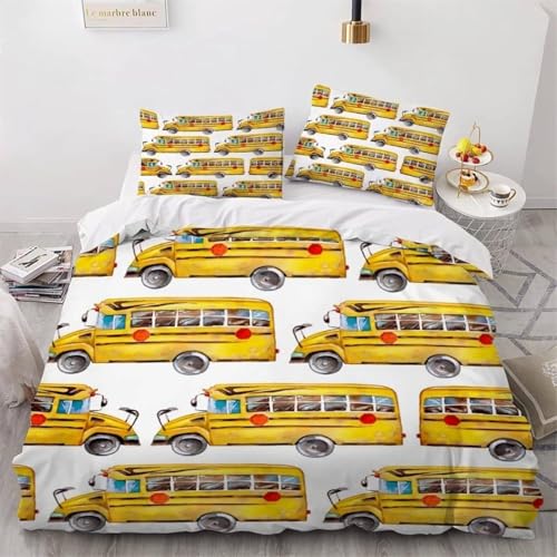 Housse de Couette 140x200 Bus Scolaire Parure de Lit 1 Personne Voitures de Dessin Animé 3D Imprimée Literie Set House Couette Microfibre pièces et 2 Taies Oreiller...