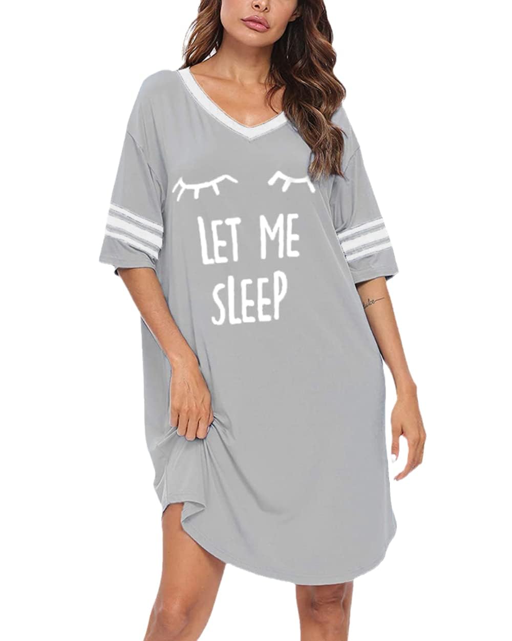 Cicy Bell Camicia da notte da donna con scollo a V, maniche corte, oversize, a righe, con stampa grafica